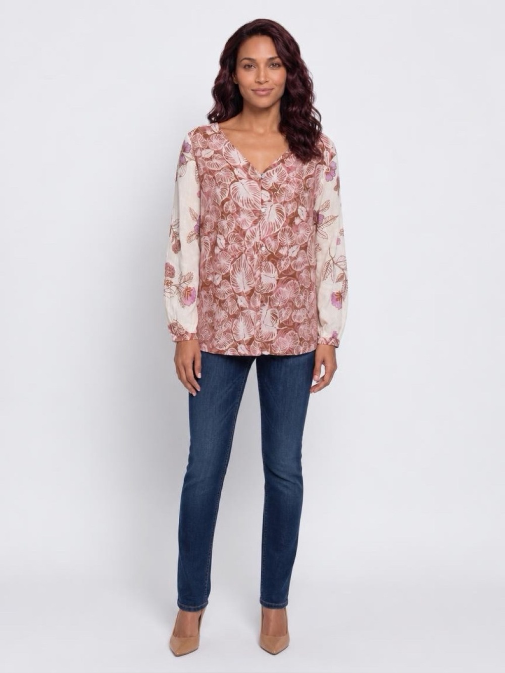 Tahari Pink Leaf Print Blouse